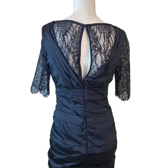 Theia Lace Sleeve Ruched Evening Dress 881865 Midnight Blue Mermaid Gown $748 8 - Picture 10 of 15